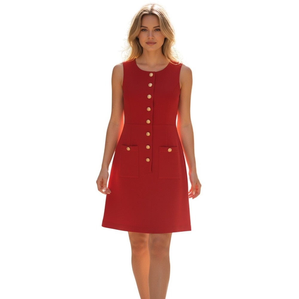 NWT J. Crew Red‎ Sleeveless Button Front A-Line Dress Small Gold Buttons $128